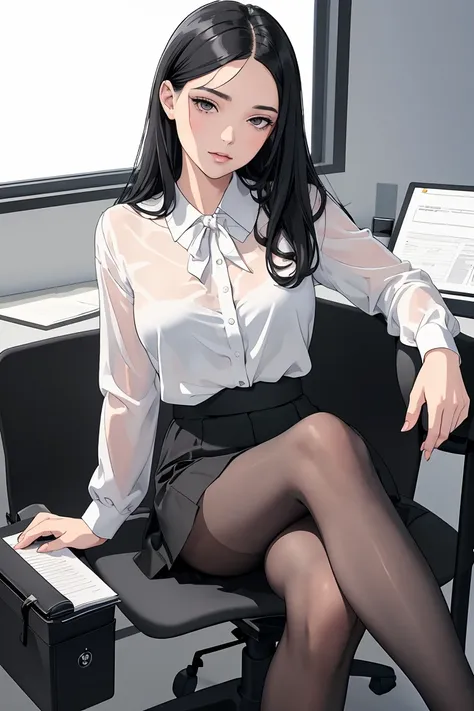 (masterpiece, best quality), a young black haired girl office secretary dressed in a transparent white blouse and black office skirt and black pantyhose ,sitting in an office chair, holding pencil, (detailed skin:1.3),(detailed eyes), (sharp focus),