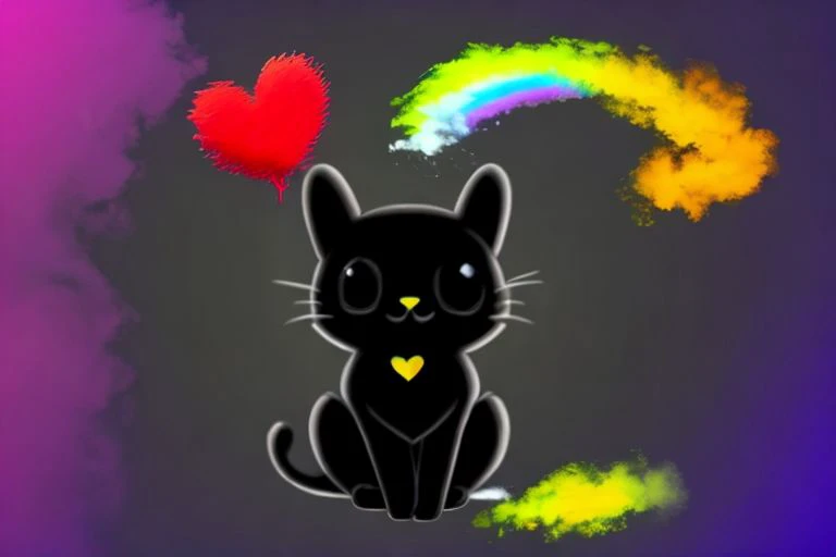 A black and white cat, background is a colorful rainbow smoke, (holding a heart with english text "404"):1., cartoon
