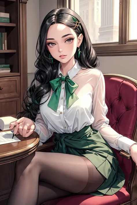 (masterpiece, best quality),female golden age, refined, middle easterner, steel gray eyes, round ears,  square chin,  uneven cheeks, curved forehead,    , emerald green beehive hairstyle hair, trust wearing microfiber g-string, mesh top,  hair clip,, hand on waist, placing a hand on the waist with a confident look, exuding allure and elegance, ethereal lighting, soft and otherworldly light, ideal for fantasy and romantic elements, a family dinner gathering, with a beautifully set table and heartfelt conversations, (masterpiece, best quality), a young black haired girl office secretary dressed in a transparent white blouse and black office skirt and black pantyhose ,sitting in an office chair, holding pencil, (detailed skin:1.3),(detailed eyes), (sharp focus), <lora:add_detail:1>