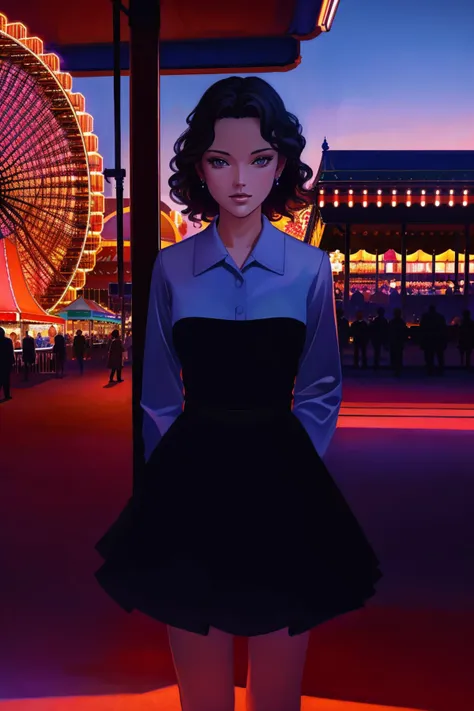 masterpiece of photorealism, photorealistic highly detailed 8k photography, best hyperrealistic quality, volumetric lighting and shadows, young woman, bob red, Carnival Ferris Wheels at Dusk, Static Shot with Changing Seasons