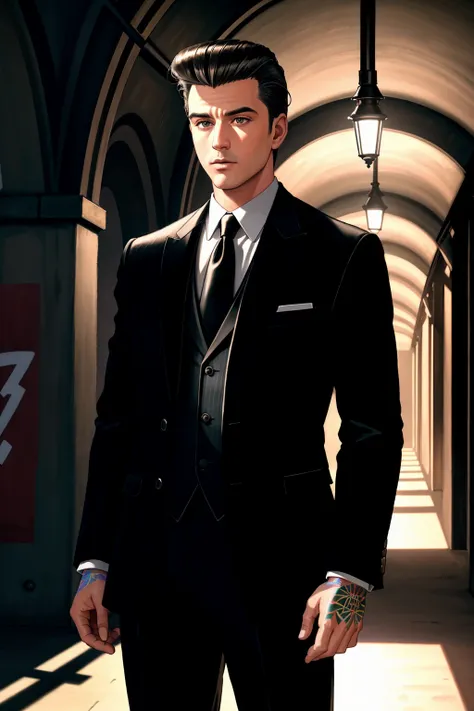 masterpiece of photorealism, photorealistic highly detailed professional 8k raw photography, best hyperrealistic quality, volumetric real-time lighting and shadows, Zoom In Shot, Male Boyfriend, Artist's Body Shape, Classic Pinstripe Suit, Tousled Pompadour, Clapping Hands, Graffiti Tunnels full of busy people