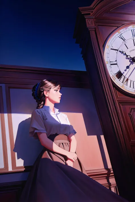 masterpiece of photorealism, photorealistic highly detailed 8k photography, best hyperrealistic quality, volumetric lighting and shadows, young woman, dutch braid dark red, Historical Clock Towers, Unconventional Underwater Angles