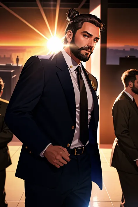 masterpiece of photorealism, photorealistic highly detailed professional 8k raw photography, best hyperrealistic quality, volumetric real-time lighting and shadows, Static Shot, Male Uncle, Firefighter's Body Shape, Disco Era Outfit, Bun with Beard, Modeling a Suit, Safari Sunsets full of busy people