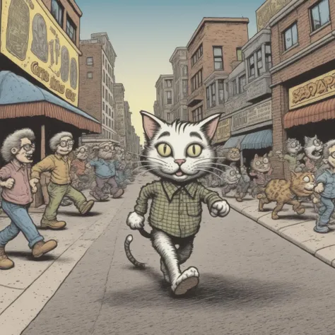 <lora:Robert Crumb Style:1>Robert Crumb Style - cat walking down a busy city street. drawn in the style of R. Crumb 2d cartoon style Zap Comix