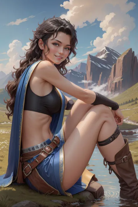 masterpiece, best quality, oerbayunfang, crop top, midriff, blue skirt, arm warmers, belt, boots, field, clouds, mountains, stream, from side, sitting, looking at viewer, smile <lora:fang-nvwls-v1-000012:0.9>