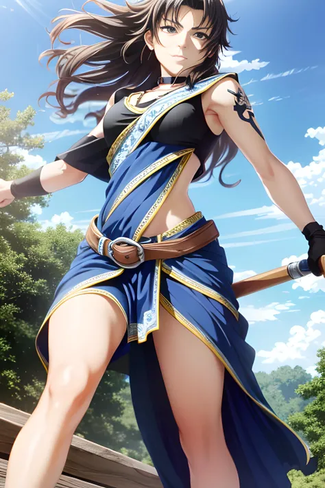 1 girl, walking in valley, dynamic pose,oerbayunfang,crop top, midriff, blue skirt, arm warmers, belt, boots, tattoo <lora:oerbayunfang-nvwls-v1-final:0.9>, (((anime))),masterpiece, best quality, intricate details, 8k uhd, perfect face, perfect eyes