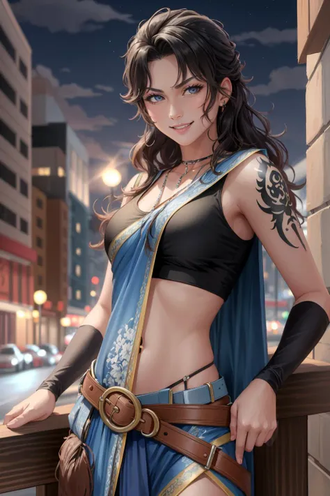 masterpiece, best quality, oerbayunfang, crop top, midriff, blue skirt, arm warmers, belt, tattoo, upper body, city, night, road, smile <lora:fang-nvwls-v1-000012:0.9>