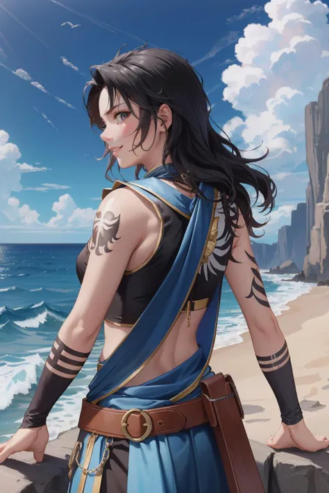 masterpiece, best quality, oerbayunfang, crop top, midriff, blue skirt, arm warmers, belt, tattoo, upper body, from behind, looking at viewer, smile, furrowed brow, ocean, sky, rock formations <lora:fang-nvwls-v1-000012:0.9>