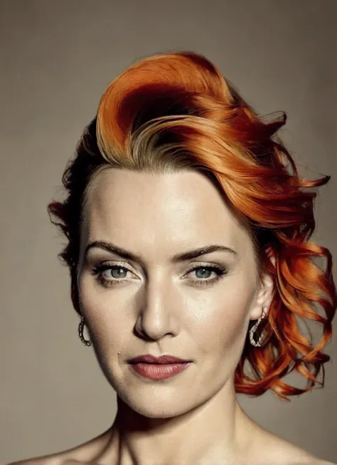 portrait of sks woman by Flora Borsi, style by Flora Borsi, bold, bright colours, orange Mohawk haircut, ((Flora Borsi)), <lora:locon_kate_v1_from_v1_64_32:1.3>