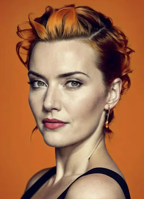 portrait of sks woman by Flora Borsi, style by Flora Borsi, bold, bright colours, orange Mohawk haircut, ((Flora Borsi)), <lora:locon_kate_v1_from_v1_64_32:1.3>