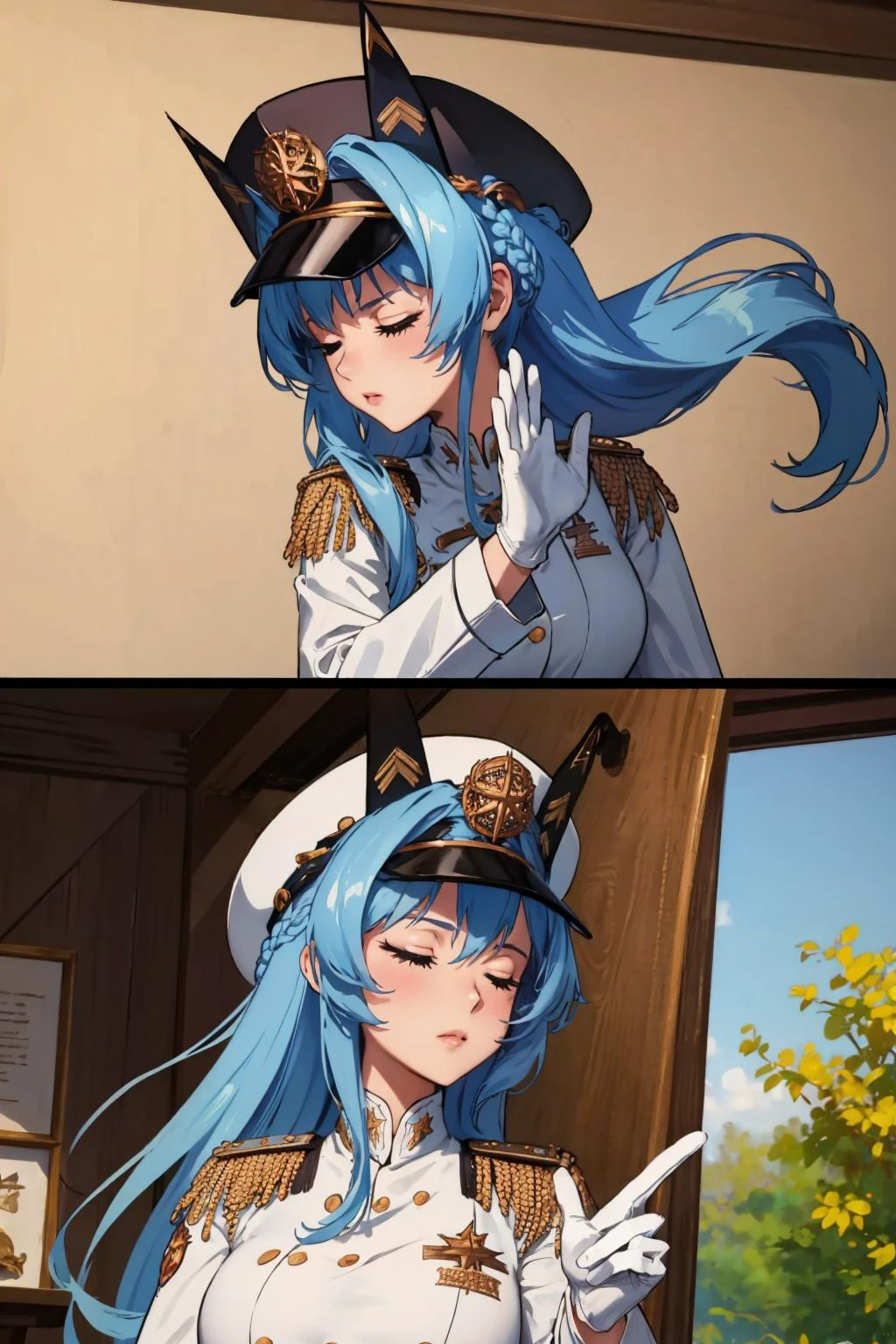 masterpiece, best quality, helmdef, hat, military, white gloves, DrakePostingMeme, upper body <lora:helm-nikke-richy-v2:1> <lora:DrakePostingMeme:1>