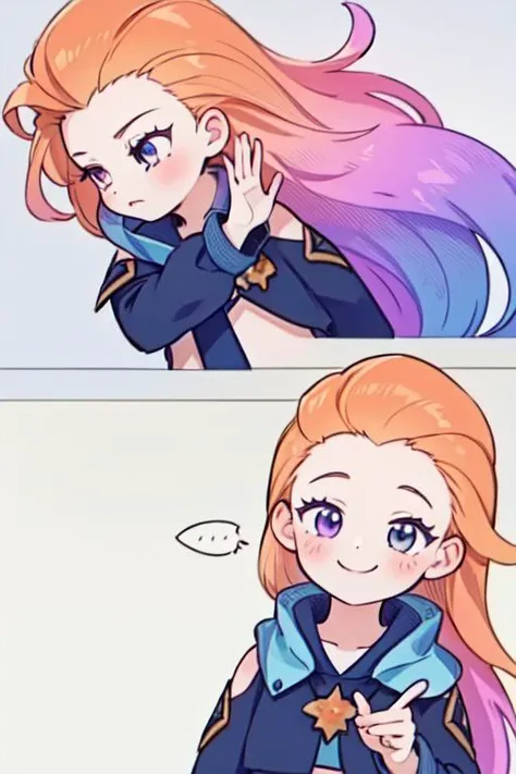 masterpiece,best quality,zoe \(lol\), 1girl,,long hair,(multicolored hair:0.7),blue and purple  eyes,[orange hair: blonde hair],
DrakePostingMeme,upper body,