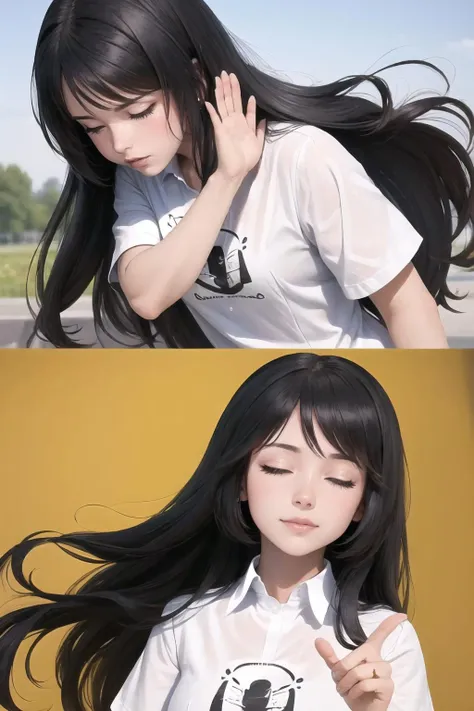 Highly detailed, High Quality, Masterpiece, beautiful, DrakePostingMeme, 2koma, <lora:DrakePostingMeme:1>, 1girl, black hair, long hair, shirt, white shirt