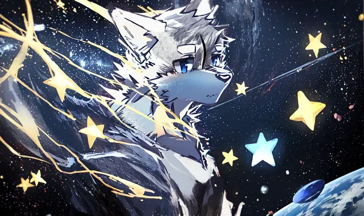 masterpiece, best quality,1boy,furry, furry male,kaji, short ponytail, space, solo, star \(symbol\),planet,<lora:kaji:1>