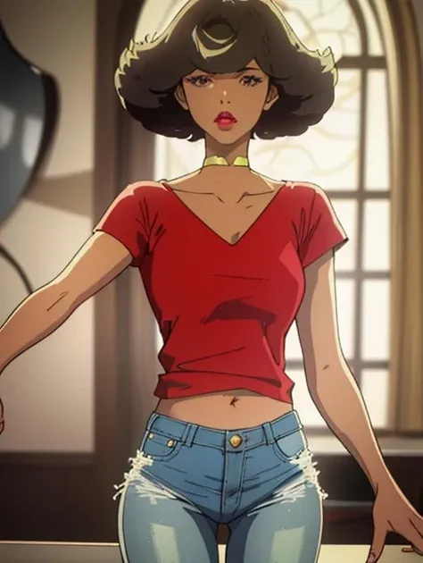 <lora:AngV1:1> (((angela_carpenter))) , 1girl, brown hair, short hair,, dark skin, (best quality, masterpiece:1.2), beautiful face, choker, red lipstick, red shirt, jeans