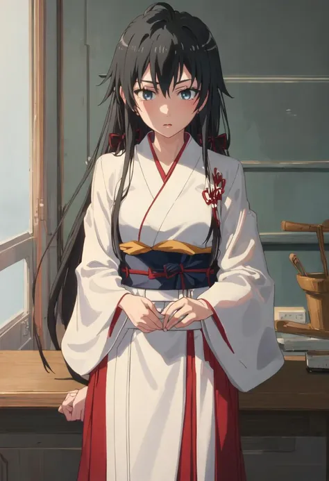 ((((Obra maestra, La mejor calidad, ultrahigh resolution)))), 1girl, standing, Japanese kimono, (((black hair, dark black hair over eye:1))), long hair cut, pale skin, ((brown eyes)), glowing_eyes, neon eyes, (ultra detailed eyes:0.7, beautiful and detailed face, detailed eyes:0.9), ((centered)), smile, ((wide shot)), facing viewer, ((indoor house background)), medium breasts, looking at viewer, ((half closed eyes)), ((perfect hands)), (((head:1, arms, hips in view, elbows, upper thigh area, in view))), ((hands behind back)), empty eyes, beautiful lighting, outside, outdoors, background, defined subject, 25 years old, (head tilt), (((cool))),