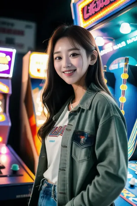 HanGiSol((wide angle)) ((movie poster)), ((wearing casual grunge clothes)) ((at an arcade)), ((looking at camera)), big smile, Detailed, Detailed pretty face, Sharp Focus, (Detailed and intricate), Leica 35mm F2.8, Fuji Superia Reala 100,  <lora:HanGiSol:0.9>