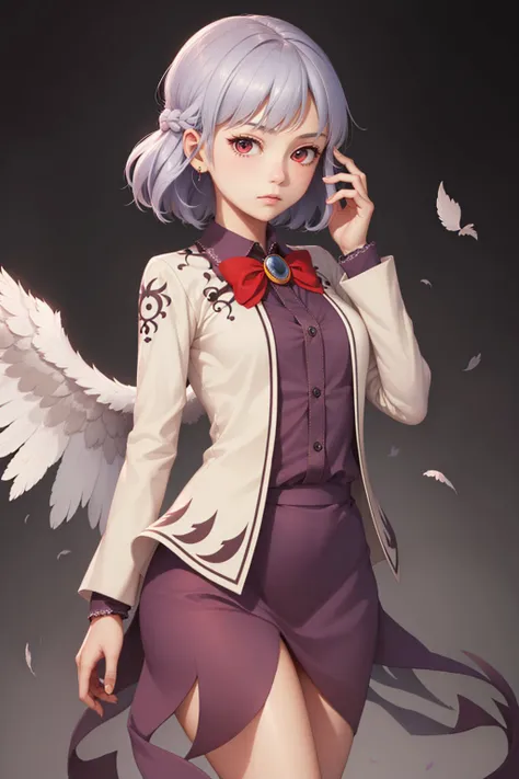 (masterpiece, best quality:1.2), <lyco:touhou_kishin-10:1.0>, cowboy shot, solo, 1girl, kishin sagume, expressionless, closed mouth, looking at viewer, braid, jacket, long sleeves, purple dress, bowtie, jewelry, brooch, single wing, feathered wings