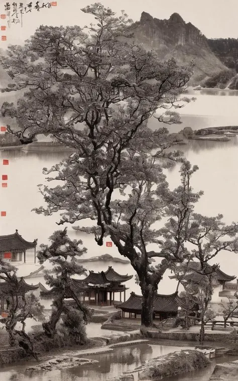 tree, scenery, city, architecture, bare_tree, building, cityscape, no_humans, pagoda, bridge, east_asian_architecture, water<lora:shuimo-000004:1.6>