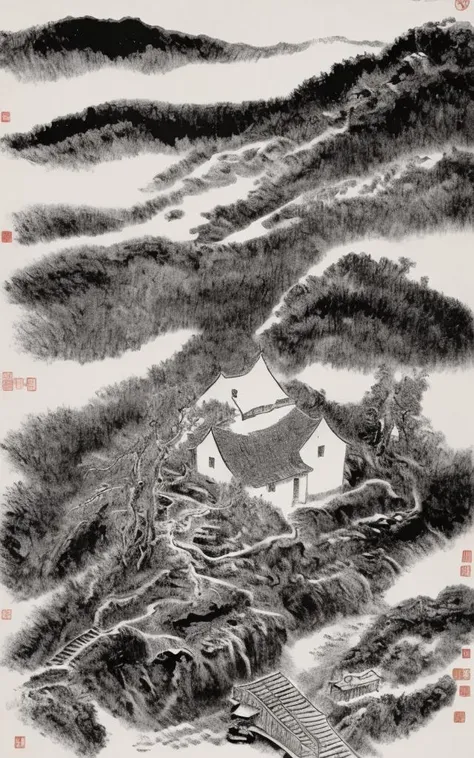 tree, greyscale, pokemon_\(creature\), monochrome, traditional_media, bare_tree, grass, dated, forest, nib_pen_\(medium\), no_humans, nature, signature, outdoors, creature, official_style, artist_name<lora:shuimo-000004:1.6>