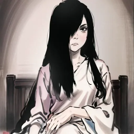 masterpiece, best quality, 1girl, beautiful lighting, <lora:Sadakobest:1>, Sadako Yamamura, looking away from viewer, angry face, pouting, <lora:chineseLandscapePainting_Lora:1>, beautiful face, smooth face, cute face, chinese ink painting,
