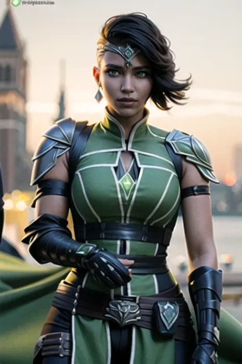 A close up of a woman in a green outfit with a sword - SeaArt AI