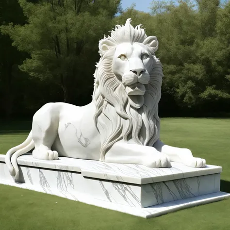 a (marblecarvingcd, marble, white:1.2, shiny:1.2) lion, (solo:1.2), sitting in lawn, <lora:marblecarvingcd-000013:1.0>, no humans, high quality, realistic, photorealistic, masterpiece, long-focus, (outdoors),