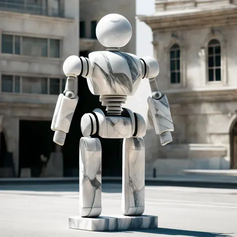 a (marblecarvingcd, marble, white:1.2, shiny:1.2) armored robot, (solo:1.2), standing in street, <lora:marblecarvingcd-000013:1.0>, no humans, high quality, realistic, photorealistic, masterpiece, long-focus, (outdoors, cityscape),