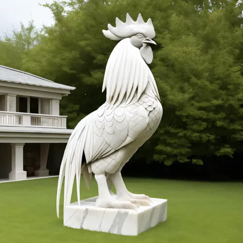 a (marblecarvingcd, marble, white:1.2, shiny:1.2) rooster, (solo:1.2), standing in lawn, <lora:marblecarvingcd-000013:0.8>, no humans, high quality, realistic, photorealistic, masterpiece, long-focus, (outdoors),