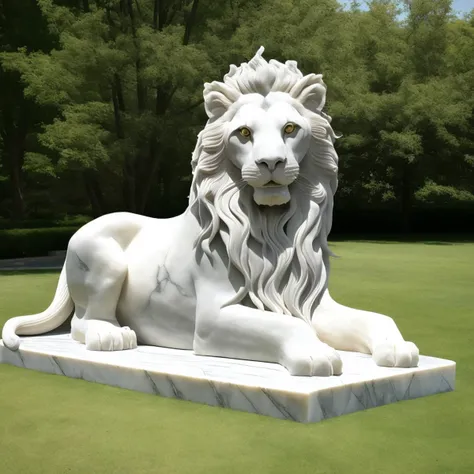 a (marblecarvingcd, marble, white:1.2, shiny:1.2) lion, (solo:1.2), sitting in lawn, <lora:marblecarvingcd-000012:1.0>, no humans, high quality, realistic, photorealistic, masterpiece, long-focus, (outdoors),