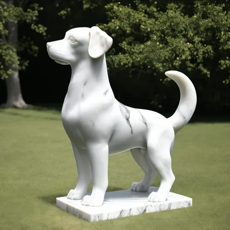 a (marblecarvingcd, marble, white:1.2, shiny:1.2) dog, (solo:1.2), standing in lawn, <lora:marblecarvingcd-000013:1.0>, no humans, high quality, realistic, photorealistic, masterpiece, long-focus, (outdoors),