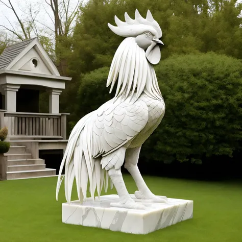 a (marblecarvingcd, marble, white:1.2, shiny:1.2) rooster, (solo:1.2), standing in lawn, <lora:marblecarvingcd-000012:0.9>, no humans, high quality, realistic, photorealistic, masterpiece, long-focus, (outdoors),