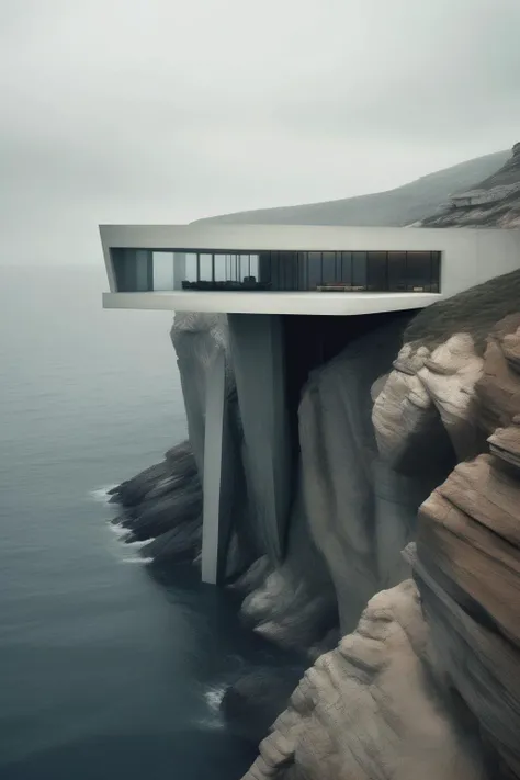 <lora:Nadav Kander Style:1>Nadav Kander Style - A cliff that is surrounded by water, in the style of captivating documentary photos, gloomy, 32k uhd, adventurecore, long distance and deep distance, formalist aesthetics, hazy. And a Zaha hadid style Villa on the cliff.