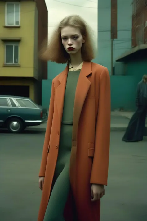 <lora:Nadav Kander Style:1>Nadav Kander Style - Will Cotton's girl model. Dramatic portrait in a street. Modern clothes In color. Spotlight. photo taken
