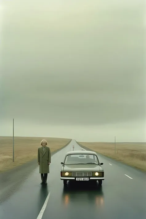 <lora:Nadav Kander Style:1>Nadav Kander Style - we can see a scene with stop car in a empty road and one person style Roy Andersson