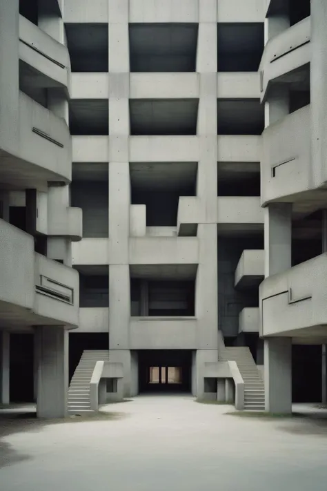 <lora:Nadav Kander Style:1>Nadav Kander Style - brutalist concrete maze with strange doors and stairs