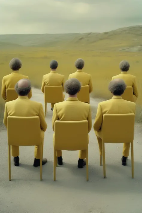 <lora:Nadav Kander Style:1>Nadav Kander Style - Three random men are sitting next to each other on three chairs with their backs to the viewer, they are wearing the same clothes, pants and yellow shirt, in their midst is a real timemachine that is used for time travelling, the men are sitting in highway, extraordinary view, panorama, hyper real, introverted, noble, surreal, melancholy, hyperdetailed, high - sharpness, HDR, no yellow, 8k,