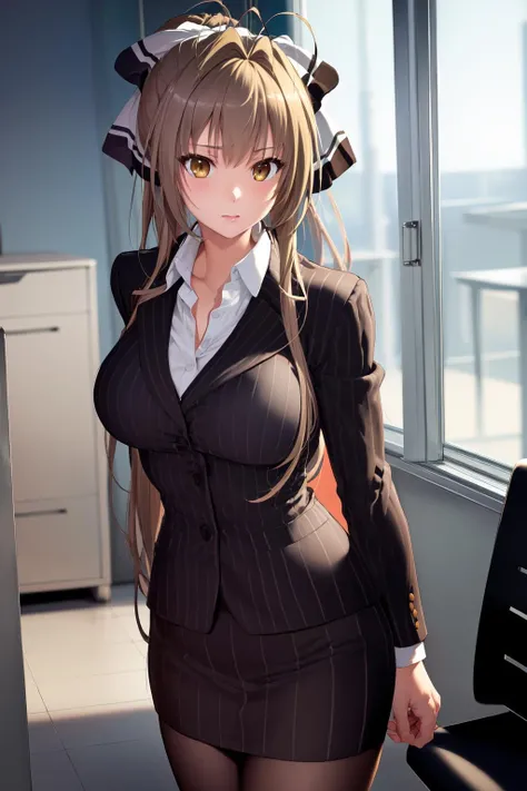 masterpiece, best quality, highres, aaisuzu, 1girl, ponytail, hair bow, brown eyes, pinstripe suit, black suit, collared shirt, pinstripe skirt, black pantyhose, <lora:sento_isuzu_v1:0.7>, cowboy shot, standing, office, looking at viewer,