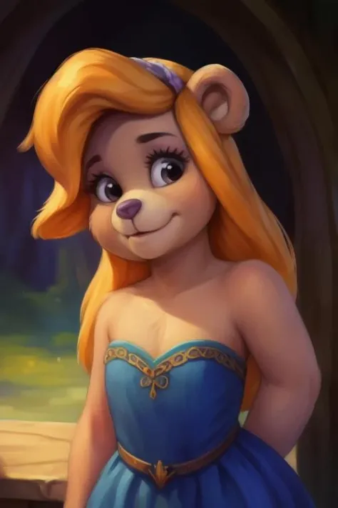 ursa_barbic, gummi_bears, bear, female, gown,  <lora:UrsaBarbic:0.8>, uploaded on e621, (detailed background, depth of field), (intricate:1.1), (high detail:1.2), (soft focus), (masterpiece, best quality, 4k, 2k, shaded, absurd res), hyper realism, fluffy fur texture, by Chunie, by CyanCapsule, by Hallogreen