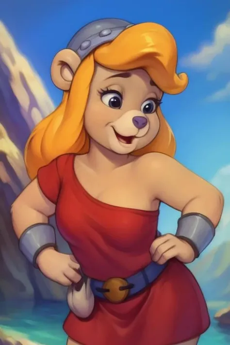 ursa_barbic, gummi_bears, bear, female, short stack, helmet, breasts, bracers, bikini_armor,  chainmail_bikini, hand on hip, holding_object, sword,   <lora:UrsaBarbic:0.8>, uploaded on e621, (detailed background, depth of field), (intricate:1.1), (high detail:1.2), (soft focus), (masterpiece, best quality, 4k, 2k, shaded, absurd res), hyper realism, fluffy fur texture, by Chunie, by CyanCapsule, by Hallogreen