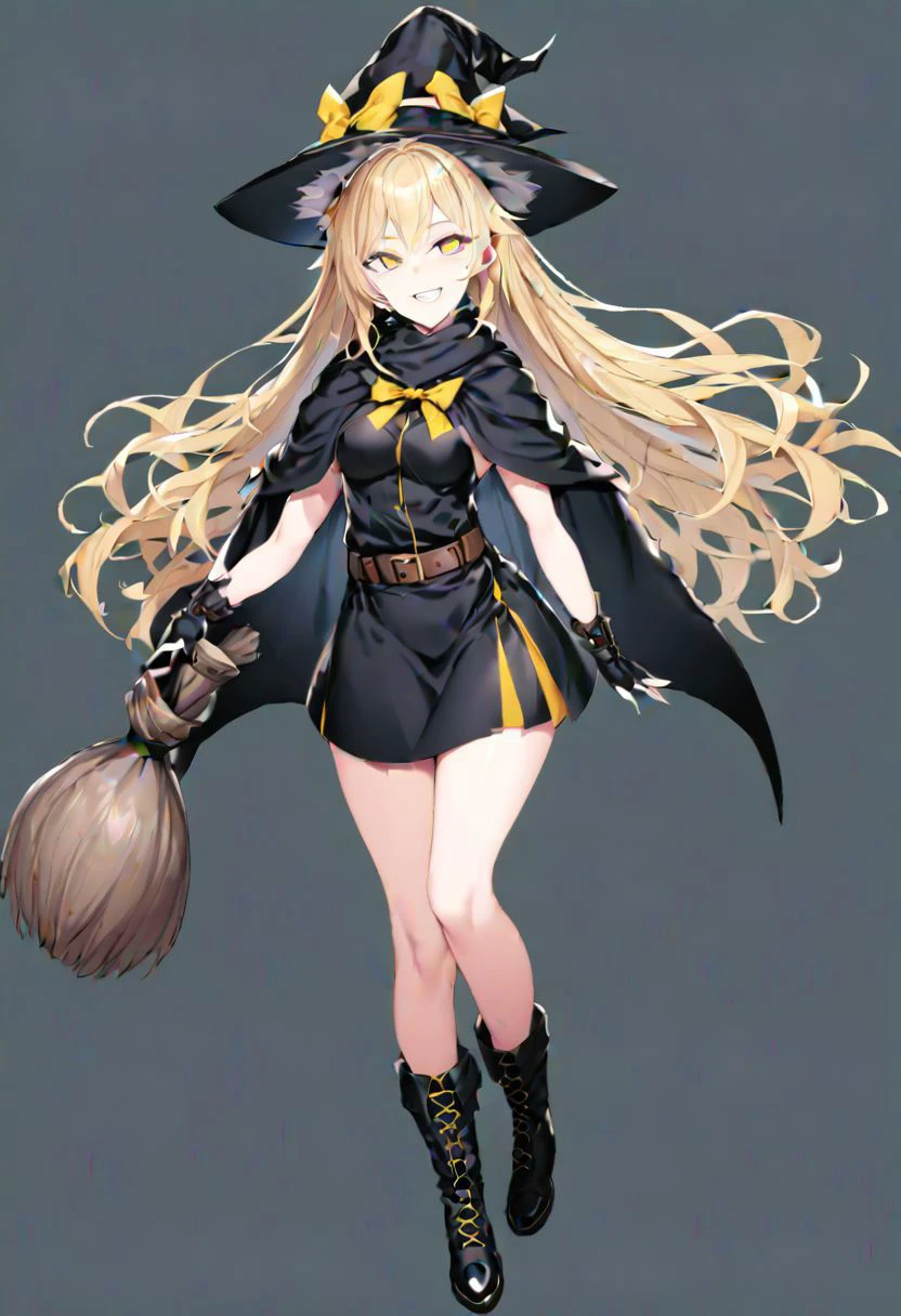 masterpiece, best quality, ultra-detailed, beautiful, nai3, 1girl, solo, full_body, tachi-e,
kirisame_marisa_\(koumajou_densetsu\), solo, 1girl, smile, long_hair, blonde_hair, hat, brown_eyes, skirt, holding, yellow_eyes, boots, belt, shoes, black_footwear, gloves, capelet, black_dress, grin, black_headwear, scarf, hair_ribbon, pants, fingerless_gloves, witch_hat, broom, cross, cape, black_cape,