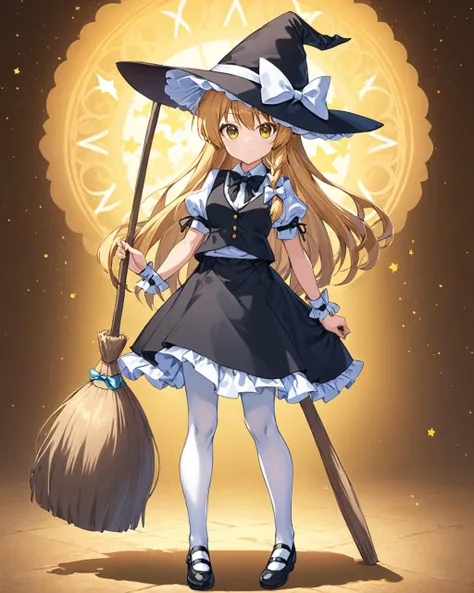 kirisame marisa,1girl, solo, witch_hat, black_footwear, black_headwear, looking_at_viewer, white_bow, white_pantyhose, wrist_cuffs, hat_bow, puffy_short_sleeves, hair_bow, closed_mouth, white_shirt, black_dress, mary_janes, full_body, holding_broom, black_bowtie, ribbon, black_vest
<lora:kirisame_marisa_image6213_2023-12-11-000007:1>,star-shaped_pupils,symbol-shaped_pupils,. gorgeous,key visual, vibrant, studio anime,award-winning, professional, highly detailed,high budget, cinemascope