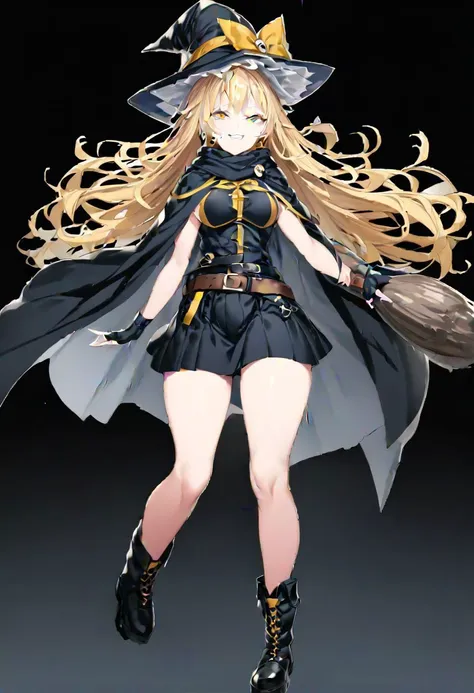 masterpiece, best quality, ultra-detailed, beautiful, nai3, 1girl, solo, full_body, tachi-e, 
kirisame_marisa_\(koumajou_densetsu\), solo, 1girl, smile, long_hair, blonde_hair, hat, brown_eyes, skirt, holding, yellow_eyes, boots, belt, shoes, black_footwear, gloves, capelet, black_dress, grin, black_headwear, scarf, hair_ribbon, pants, fingerless_gloves, witch_hat, broom, cross, cape, black_cape,