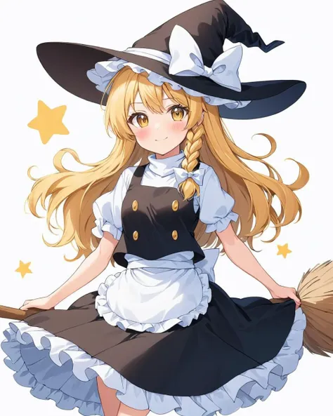 kirisame marisa,1girl, solo, witch_hat, waist_apron, white_background, black_headwear, hat_bow, black_skirt, broom_riding, simple_background, black_vest, white_shirt, single_braid, smile, closed_mouth, looking_at_viewer, twitter_username, white_apron, star_\(symbol\), white_bow, blush, buttons, frilled_skirt, puffy_short_sleeves, feet_out_of_frame, turtleneck, frilled_apron
<lora:kirisame_marisa_image6213_2023-12-11-000007:1>,star-shaped_pupils,symbol-shaped_pupils,. gorgeous,key visual, vibrant, studio anime,award-winning, professional, highly detailed,high budget, cinemascope