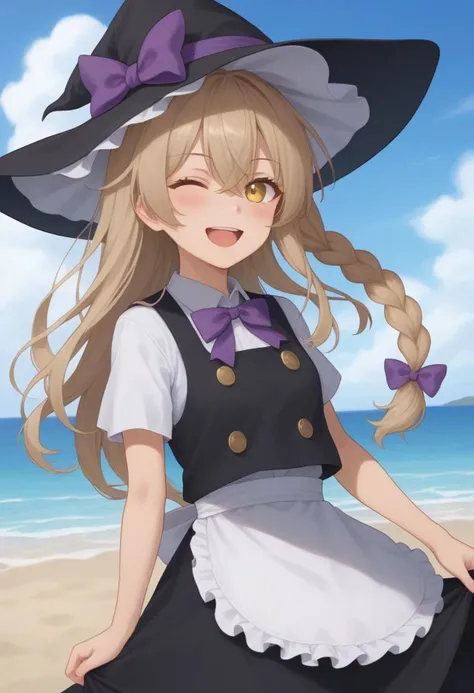 light brown hair, hair ribbon, 1girl,
apron,
beach,
black skirt,
black vest,
blonde hair ,
blue sky,
bow, braid,
cloud,
cowboy shot,
frilled apron,
frills,
hair between eyes,
hair bow,
hat,
long hair ,
looking at viewer,
ocean,
one eye closed ,
open mouth,
outdoors,
purple bow,
sand ,
shading eyes ,
shirt,
side braid,
single braid,
skirt ,
sky ,
smile,
solo ,
vest ,
waist apron,
water ,
white apron,
white shirt,
witch hat, yellow eyes,
absurdres, highly detailed, front view, smile, blush