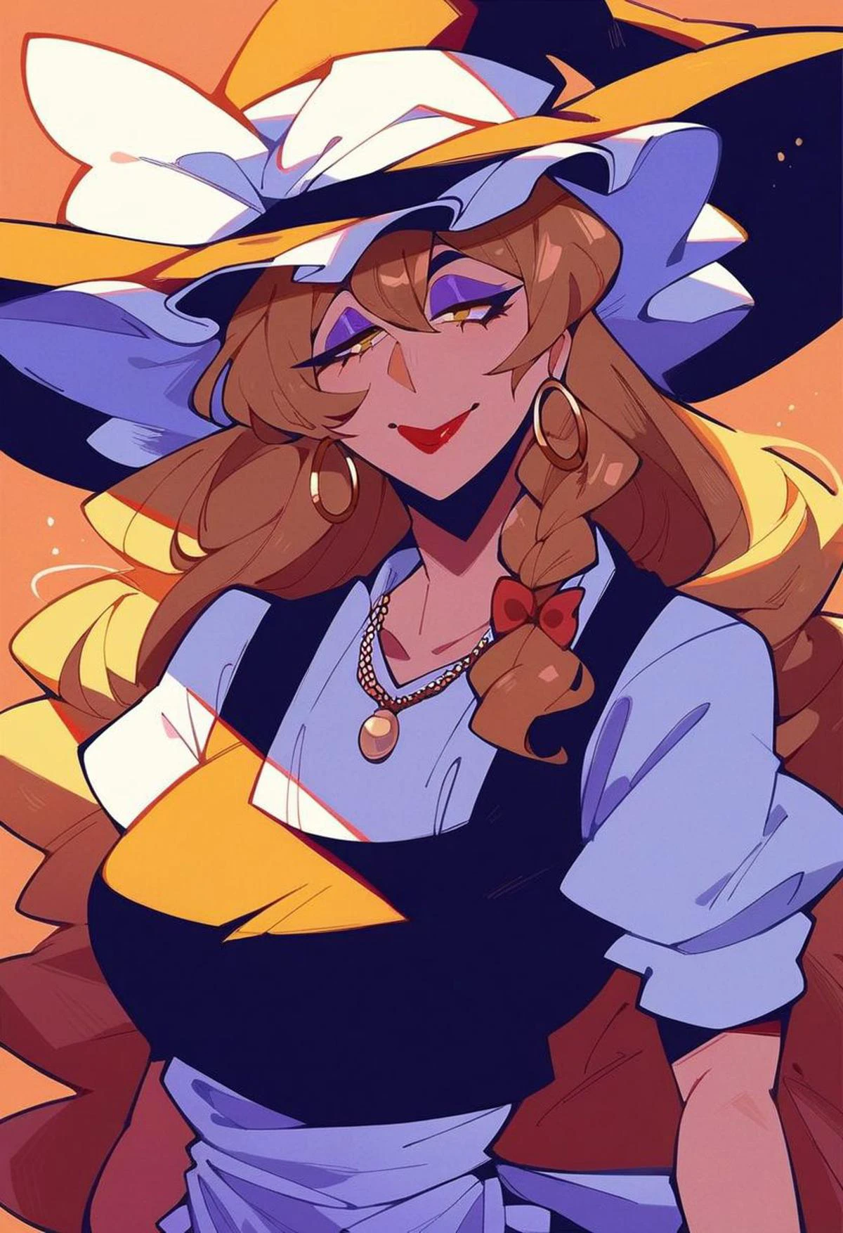 Score_9, score_8_up, score_7_up, score_6_up, score_5_up, score_4_up, source_anime, 1girl, solo, detailed eyes, kirisame marisa ,1girl,1girl, blonde hair, witch hat, yellow eyes, long hair, vest,apron, bow, short sleeves, hat bow, braid, puffy sleeves, skirt, makeup, lipstick, eyeshadow ,purple eyeshadow,red lipstick,horny smile, lusty face, horny, lusty,mature_female,(closed mouth),nail polish,necklace,jewelry,hoop earrings, upper body