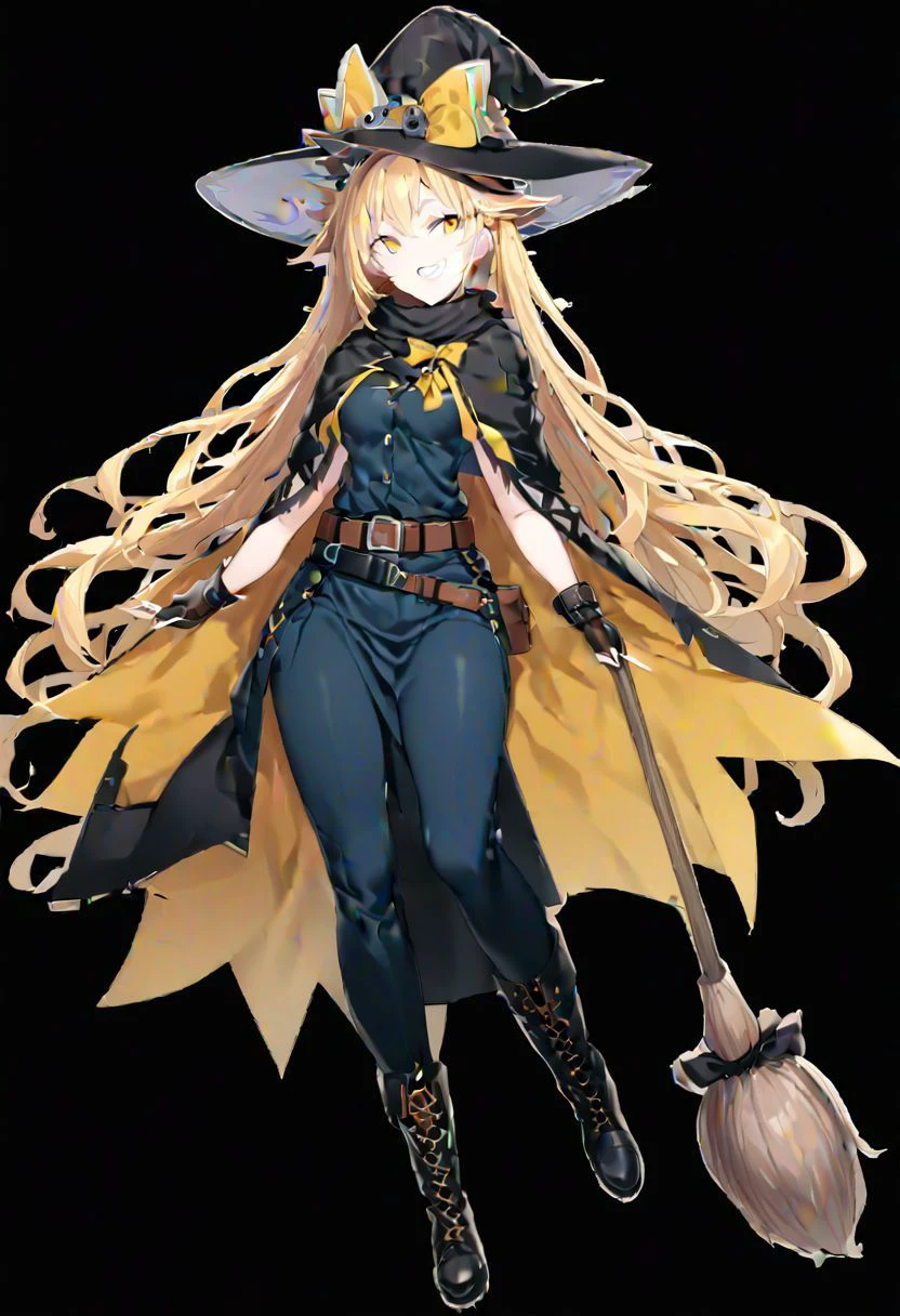 masterpiece, best quality, ultra-detailed, beautiful, nai3, 1girl, solo, full_body, tachi-e,
kirisame_marisa_\(koumajou_densetsu\), solo, 1girl, smile, long_hair, blonde_hair, hat, brown_eyes, skirt, holding, yellow_eyes, boots, belt, shoes, black_footwear, gloves, capelet, black_dress, grin, black_headwear, scarf, hair_ribbon, pants, fingerless_gloves, witch_hat, broom, cross, cape, black_cape,
