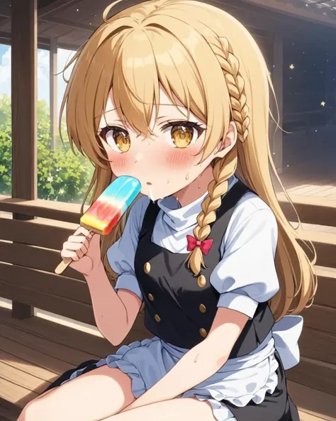 kirisame marisa,1girl, solo, sitting, no_headwear, popsicle, waist_apron, black_skirt, puffy_short_sleeves, sweat, blush, single_braid, hot, black_vest, white_shirt, buttons, mouth_hold, food_in_mouth, white_bloomers, veranda, looking_at_viewer, hair_bow
<lora:kirisame_marisa_image6213_2023-12-11-000007:1>,star-shaped_pupils,symbol-shaped_pupils,. gorgeous,key visual, vibrant, studio anime,award-winning, professional, highly detailed,high budget, cinemascope