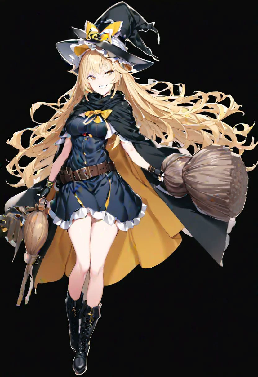 masterpiece, best quality, ultra-detailed, beautiful, nai3, 1girl, solo, full_body, tachi-e,
kirisame_marisa_\(koumajou_densetsu\), solo, 1girl, smile, long_hair, blonde_hair, hat, brown_eyes, skirt, holding, yellow_eyes, boots, belt, shoes, black_footwear, gloves, capelet, black_dress, grin, black_headwear, scarf, hair_ribbon, pants, fingerless_gloves, witch_hat, broom, cross, cape, black_cape,