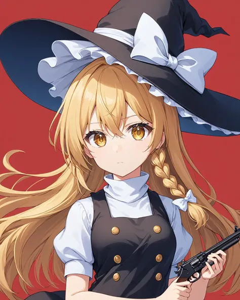 kirisame marisa,1girl, solo, witch_hat, mini-hakkero, looking_at_viewer, hat_bow, upper_body, white_bow, side_braid, closed_mouth, white_shirt, buttons, black_headwear, single_braid, holding, hair_bow, turtleneck, black_vest, short_sleeves, medium_breasts, frills, aiming_at_viewer, red_background, serious
<lora:kirisame_marisa_image6213_2023-12-11-000007:1>,star-shaped_pupils,symbol-shaped_pupils,. gorgeous,key visual, vibrant, studio anime,award-winning, professional, highly detailed,high budget, cinemascope